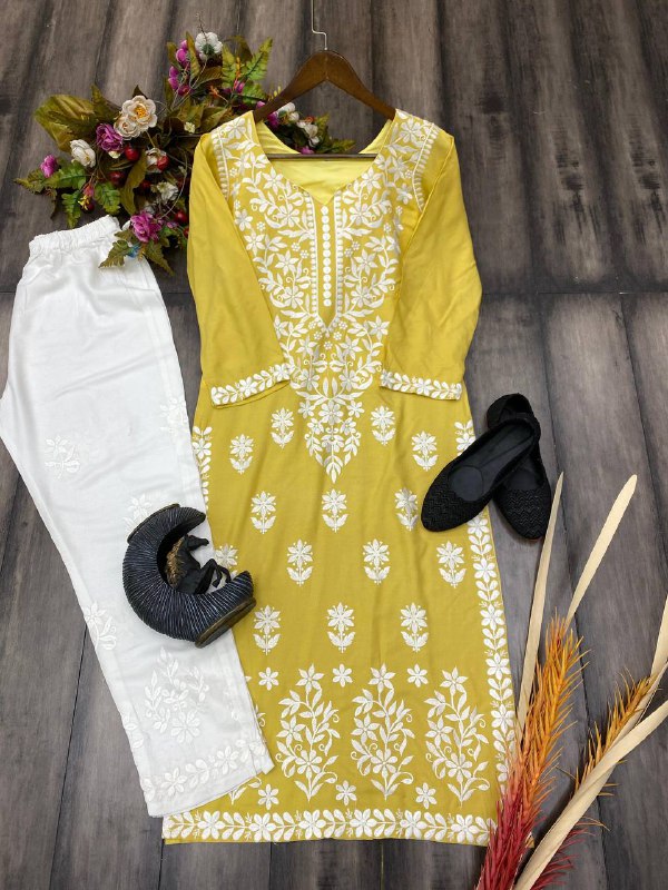 TRANDING EMBROIDERED CHIKANKARI REYON KURTI WITH PLAZZO